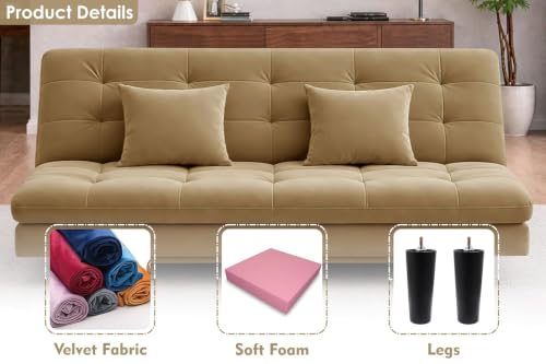 Image of Rosebell Modern Wooden 3-Seater Sofa Cum Bed Foldable Velevt Fabric Sofa for Living Room, Guest Room & Office-Golden-Color