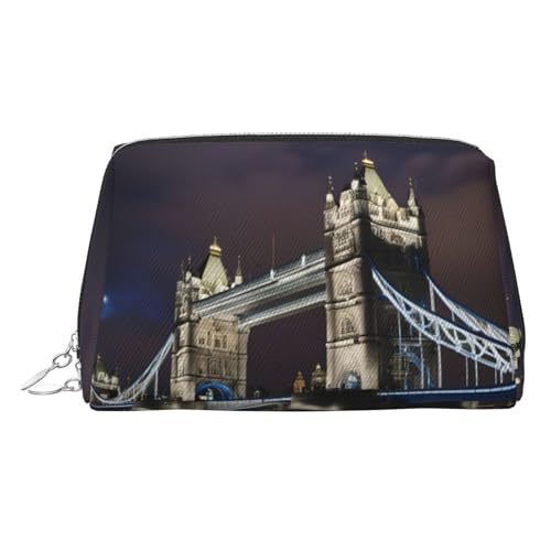 Gold Leather Makeup Bag â€“ Tower Bridge in London Print Travel Cosmetic Bags with Handle, Divider, Zipper, Portable Personal Toiletries, Silver, One Size