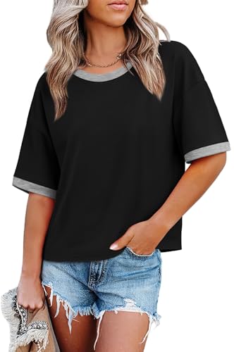 T Shirts for Women Loose Fit Half Sleeve Oversized Tshirts Dressy Summer Tops Trendy Black Blouses Business Casual Outfits M