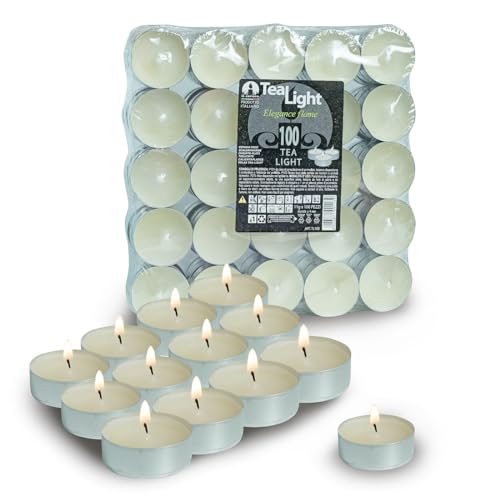 DETERMONDO 100 Tealight Candele Bianche Antigoccia Tea Light Candele Non Profumate Lumini con Durata di 4 Ore