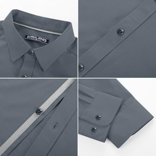 PJ PAUL JONES Mens Button Down Shirt Long Sleeve Wrinkle Free Business Casual Shirt for Men Stretch Dress Shirt Blue Gray L