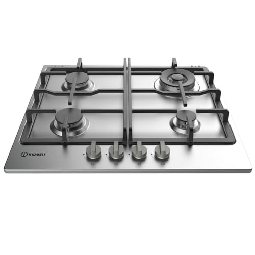 Indesit THP 641 W/IX/I 60 cm Gas Hob; 4 Gas Burners, 1 High Power Flame; Electronic Ignition Under Knob; Gas Safety Valve; 2 Cast Iron Grills