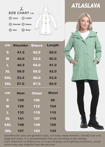 ATLASLAVA Regenmantel Damen Regenjacke wasserdicht Lang mit Kapuze Gefütterte Mantel Windbreaker Leicht Outdoor Jacke Graugrün M