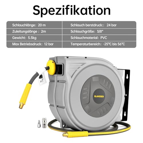 GLAHODEN Druckluftschlauchtrommel, 20m+2m, Luftkompressor-Schlauchtrommel mit 9.5mm Druckluft Schlauch Und 1/4 Zoll Anschluss(12 Bar max)