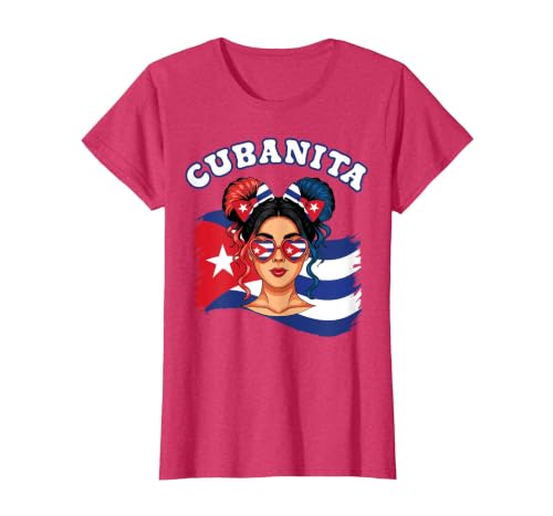 Cubanita Hispanic Heritage Messy Bun Cuban Cuba Flag Girls T-Shirt, Women, Red Heather, Medium