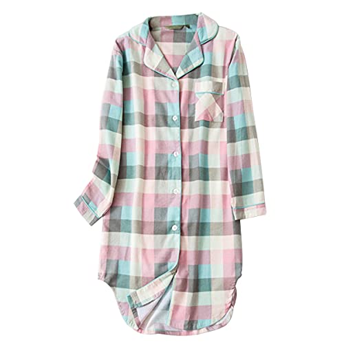 Shymay Women's Flannel Cotton Nightgown Button Down Nightshirt Long Sleeve Sleep Shirt Dress Sleepwear Pajama Top (Pink, X-Large)