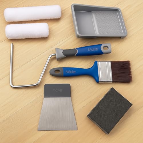 Mäster Roller- und Pinselset für Holzarbeiten und Türen – Serie Superior – Komplett-Set mit 100 und 150 mm Superfilt-Minirollen, 70 mm Flachpinsel, 50 mm Japanspachtel, Schleifklotz und Farbwanne