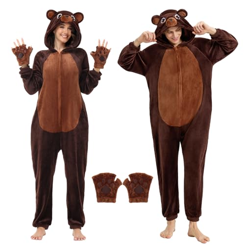 Ezuwail Bärenkostüm Onesie Damen Unisex Erwachsene Bär Kostüm Pyjama Fleece Flauschig Jumpsuit Damen für Cosplay Halloween Karneval