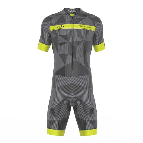 FDX Men’s Cycling Skinsuit – 3D Padded, Breathable, Quick Dry Triathlon Suit – Short Sleeve One Piece Bodysuit for Bicycle Training, Racing Bike Top,