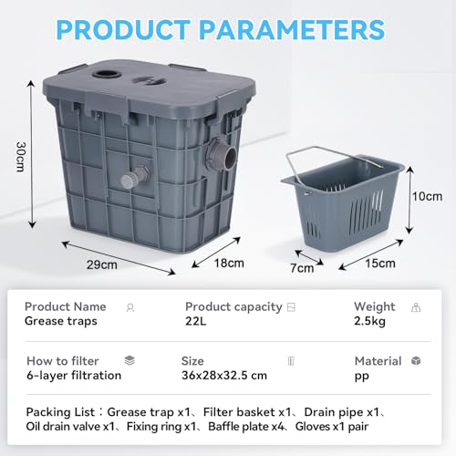 YUCHENGTECH Commercial Grease Trap 22L PP Grease Trap Water Oil Filter Separator with 1 Top Inlet for Home Restaurant Canteen Kitchen Sink with Removable Baffles 37x26x30cm - Image 5
