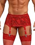 comeondear Herren Strapsgürtel Spitze Sissy Strumpfhalter Breit mit 6 Strapsen Große Größen Sexy Unterwäsche für Mann Gay Dessous Reizwäsche Hosenträger Garter Belt Men Lingerie Strumpfgürtel(Rot,L)