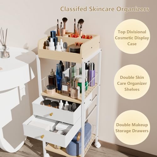Makeup Organizer Cart Shelf Floor Skincare Organizers Make Up and Station Storage Cabinet For Vanity Standing Cosmetics With Drawers and Wheels For Nail Polish Perfume Hair Tool Holder Beauty(White) — view 5