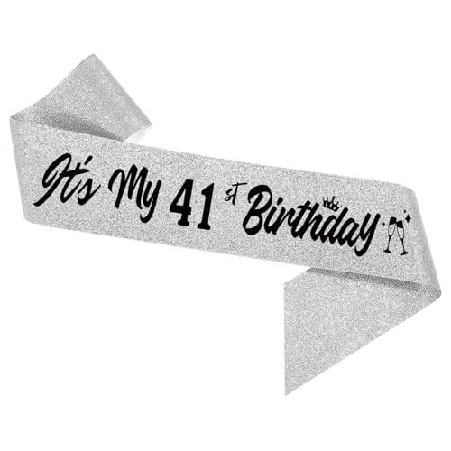 LHPYQ It's My 41st Birthday Sliver Sash - Sparkling Happy 41st Satin Sash for Women - 41 Years Old Birthday Party Decorations