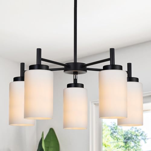 VINLUZ 5 Light Modern Chandeliers Black Finish Pendant Lighting Fixtures