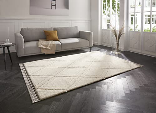 Mint Rugs Colin Teppich Hochflor Wohnzimmer-Teppich Weich Flauschig Langflor Shaggy Flokati Skandi Rauten Muster für Küche Flur oder Schlafzimmer Hoch-Tief Struktur Creme 160x230 cm