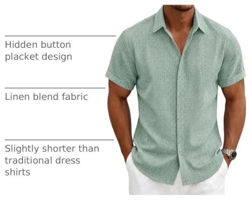 Ficovis Green Men Linen Shirt Button Up Short Sleeve Dress Shirts, Men's Untucked Summer Casual Stylish Shirts Button Down Nice Shirt No Tuck Beach Vacation Tops Lightweight Breathable Size L by Ficovis - Used condition - US$21.29