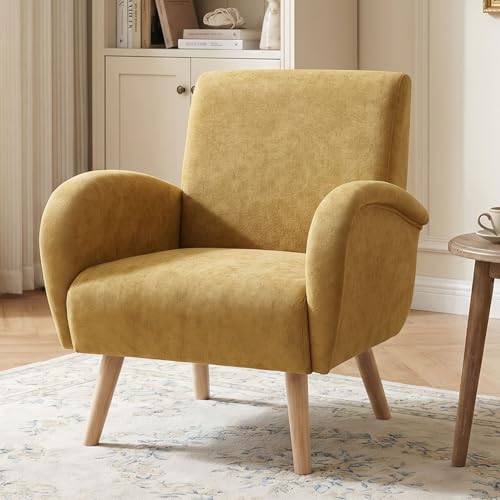 chairus Fauteuil de Loisirs en Chenille Modern Chaise de Relaxation pour Salon Sofa de Chambre avec Pieds en Bois (Jaune)