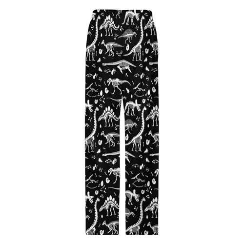 Black White Dinosaur Skeleton Print Mens Pajama Pants Wide Leg Sleep Drawstring Sleepwear Casual Loungewear4