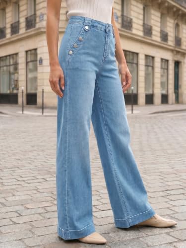 Flowyair Womens Wide Leg Jeans High Waisted Button Casual Denim Pants — view 4