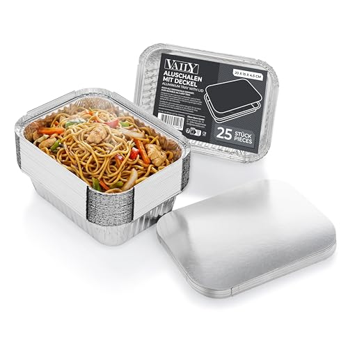 Vaily Aluminiowe miski z pokrywką 850 ml, 25 sztuk – aluminiowa miska do grillowania, forma do zapiekanek, tacka ociekowa do grilla i piekarnika do pieczenia i smażenia 20 x 15 x 4,5 cm