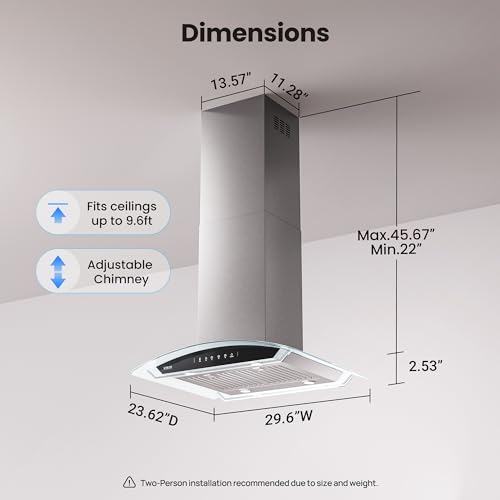Image of VIKIO HOME 30 inch Island Mount Range Hood, 1200 CFM Upgraded Range Hood, Ducted Vent Hood with 3 Speed Fan and 4 LED Lights, Gesture Sensing&Touch Control, Stainless Steel& Tempered Glass
