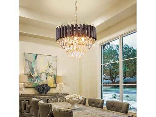Image of Modern 3-Tiers Crystal Pendant Light Black Gold Round Ceiling Light Fixture (Antique, 300mm), 3 Colors Led Plate Included Warm White, Natural Light, Chandelier Light (L-30*B-30*H-70 Cm) F