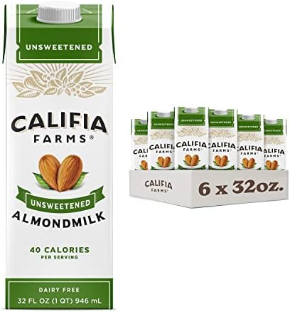 Califia Farms - Unsweetened Almond Milk, 32 Oz (Pack of 6), Dairy Free, Vegan, Plant Based, Keto Food, Shelf Stable, Vegan, Gluten Free, Non GMO, Sugar Free, High Calcium, Smoothie