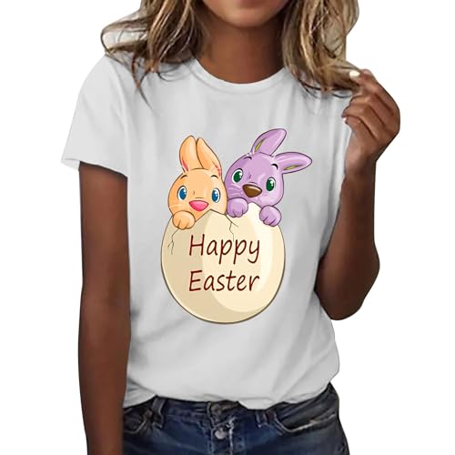 HUIFUAO Womens Easter Tshirt Round Neck Easter Bunny Eggs Print Short Sleeve T Shirt Ladies Easter Tops Womens Plus Size Easter Outfits (White, XXXL)