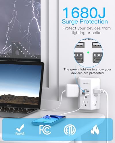 One Beat Surge Protector Wall Outlet Extender,3-Sided Outlet Splitter 1680J