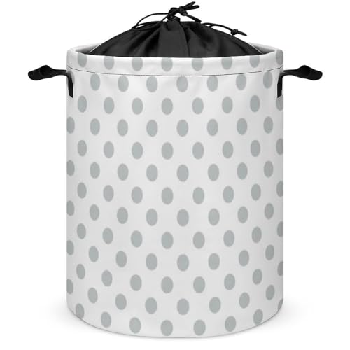 Cesto de ropa sucia grande, plegable, con lunares grises y cordón, ideal para guardar ropa sucia en dormitorios universitarios.