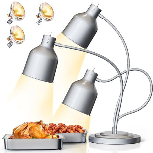 Food Heat Lamp - [3 Bulbs Included] 750W Fast-Heating 3-Head Food Warmer Light, ETL-Certified Heat Lamp for Food, Stainless Steel Heavy Base for Restaurant, Catering, Buffet (Silver)