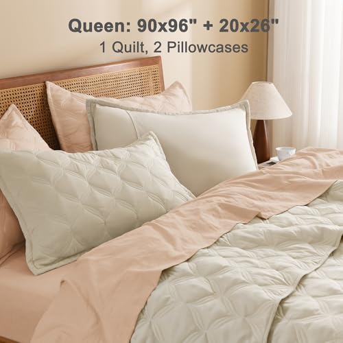 Image of Litanika Beige Quilts Queen Size Bedding Set - Full Summer Lightweight Comforter Bedspreads & Coverlets - Boho Farmhouse Bedding Cover Bed Decor All Season - 3 Pieces (1 Quilt, 2 Pillowcases)