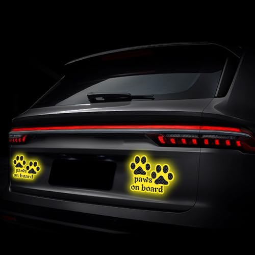 Image of 2pcs Reflective Paw Print Decal Dog Paws on Board Car Window Sticker Safety Warning Sign Stickers Funny Reflective Vinyl Stickers for Car Motorcycles Laptop (Yellow)
