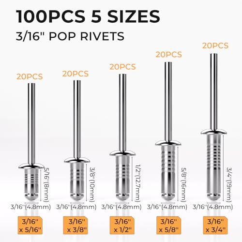 Image of INCLY 200Pcs 3 /16 Inches Pop Rivets Assortment Kit, 5 Sizes Aluminum Pop Rivets 3 /16 inch x 5 /16 inch 3 /8 inch 1 /2 inch 5 /8 inch 3 /4'' and 304 Stainless Steel Washers with Storage Case
