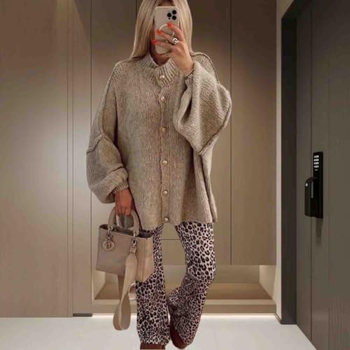Women's Winter Button up Cardigan Wool Sweater Stand Collar Lantern Long Sleeved Thick Knitted Jacket Jacket top4