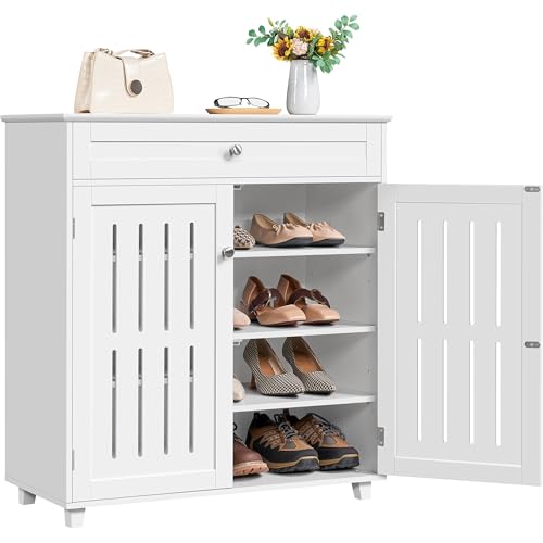 Yaheetech Shoe Cabinet, 4-Tier Shoe Storage Cabinet with Drawer & Adjustable Shelves, Wooden Shoe Rack Organizer with Louvered Doors for Entryway, Hallway, Closet, Living Room, White
