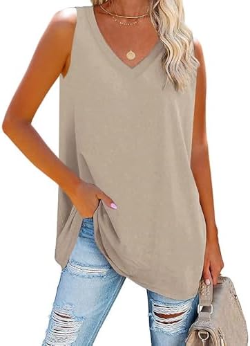 Fisoew Damen Tank Top V-Ausschnitt Longtops Sommer Tops | Ärmellos, Locker, Einfarbig, Lässig Basic Bluse, Elegant Cami Oberteile, Sleeveless Tunika Blusentop