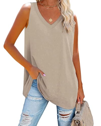 Fisoew Damen Tank Top V-Ausschnitt Blusentop Sommer Basic Tops Ärmellos Bluse Locker Cami Oberteile,Khaki,XXL