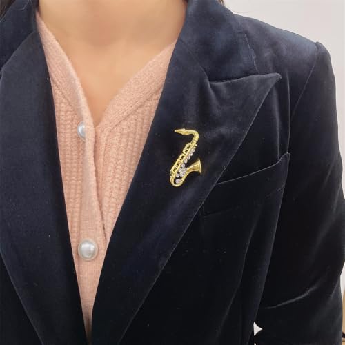 Cute Small Saxophone Instruments Rhinestones Brooch Lapel Pins for Women Men Girls Vintage Dainty Musical Pin Dress Suit Shirt Scarf Jackets Hat Bag Brooches Musician Clothes Accessories Jewelry Gifts (Gold)