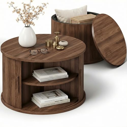 IRONCK Round Coffee Table Set of 2, Fluted Coffee Table and End Table with Storage, Wood Center Tables with Sliding Tambour Door and Hollow Side Table, Mid Century Modern, Walnut