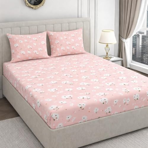 Image of 350 TC Premium Heavy Cotton Feel Elastic Fitted Bedsheet Queen Size with 2 Pillow Covers || Double Bed with All Around Elastic (Pink & Beige, Fitted - Double72x72)