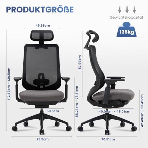 COLAMY XK01 Atlas Chefsessel Ergonomischer Netz‑Bürostuhl mit hoher Rückenlehne, Verstellbarer Kopfstütze & 4D‑Armlehnen, Schiebesitz… – Ansicht 3