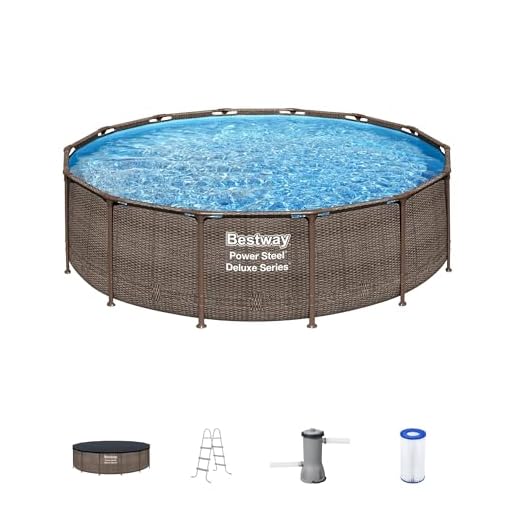 Bestway Power Steel 14 Foot x 42 Inch Round Above Ground Outdoor Backyard Swimming Pool Set with Filter Pump, Ladder, and Pool Cover