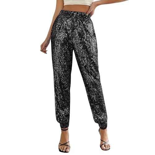 Women Sequin Trousers Sparkly Hip Hop Pants Fashion Glitter Sequin Trousers Long Harem Pants Shinny Bloomers Loose Sweatpants Sparkly Glitter High Waist Shiny Bottoms Club Party Holiday Outfits Black