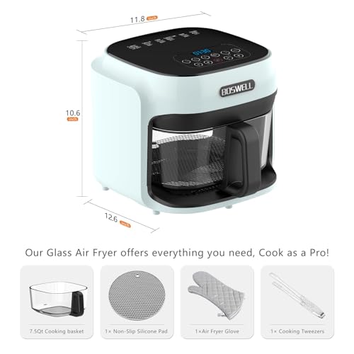 Image of 7.5 QT Glass Air Fryer, Transparent Fry Bowl, Circulating Heating & Temperature Control, Stainless Steel Interior, Dishwasher Safe, Green
