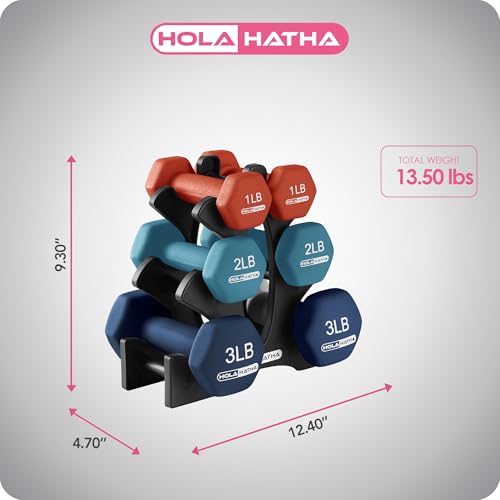 HolaHatha Neoprene Dumbbell Weights Set with Rack, 12 Lbs, Blue/Red - image 2