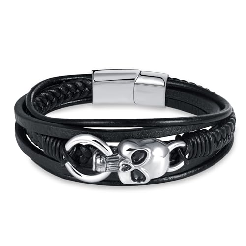 INFINIONLY Herren Mehrschichtiges Geflochtenes Leder Armband Fashion Edelstahl Totenkopf Armbänder für Jungen mit Edelstahl Schnalle