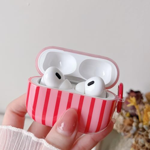 Image of MINSCOSE for AirPods Pro 2nd /1st Generation Clear Case,Cute Striped Aesthetic Pattern Design with Girly Keychain Ring,Soft TPU Protective Shockproof Cover with Cleaner Kit for Girls Women-Dark Pink
