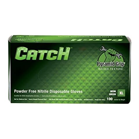 Proworks CATCH GL-NT107NGFX 9 mil Powder-Free Nitrile Gloves, Raised Pyramid Grip, Neon Green, X-Large, Box of 100 Cover