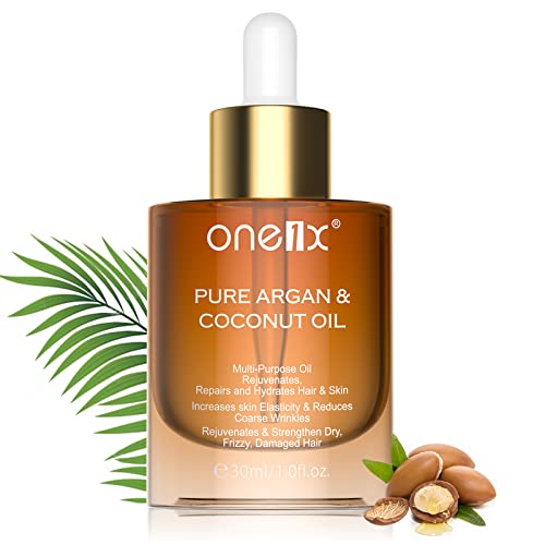 Aceite de Argán + Aceite Coco, Hidratación Natural para el Rostro Cara Cuerpo Cabello Barba , Reduce las Arrugas y Fortalece el Cabello, Prensado en Frío. y Cruelty Free, Aceite Cabello 30ML Cover